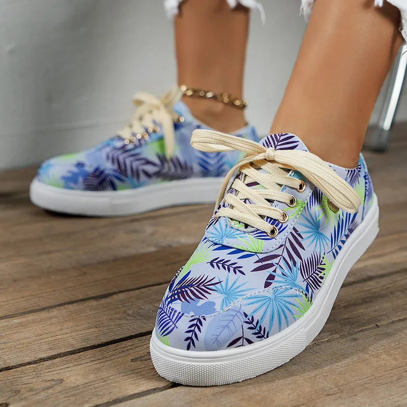 Light blue canvas lace-up flats for women round toe casual sneakers graffiti print