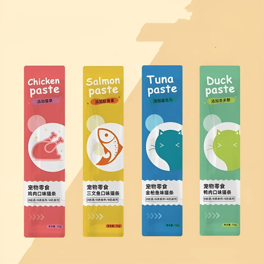 10-piece pack of cat strip snacks in four nutrition flavours for kitten development