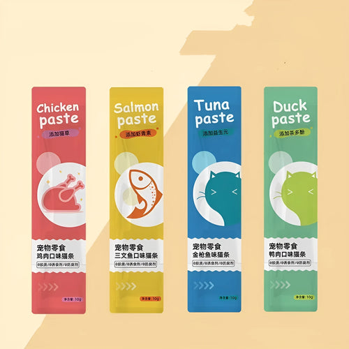 10-piece pack of cat strip snacks in four nutrition flavours for kitten development