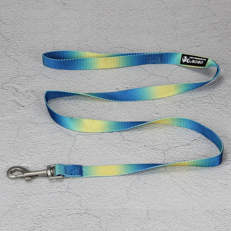 Nylon dog leash and harness set in pink and blue gradient colour, showing collar, leash, and chest strap components.