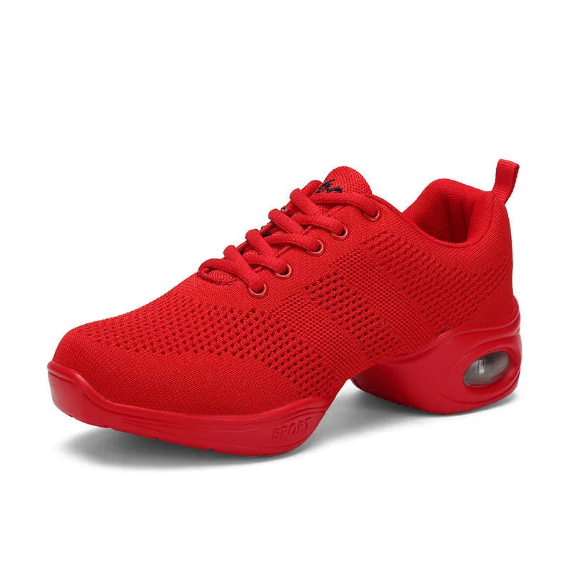 Women's white breathable fly woven mesh dance shoes with a soft PU sole on a light background.