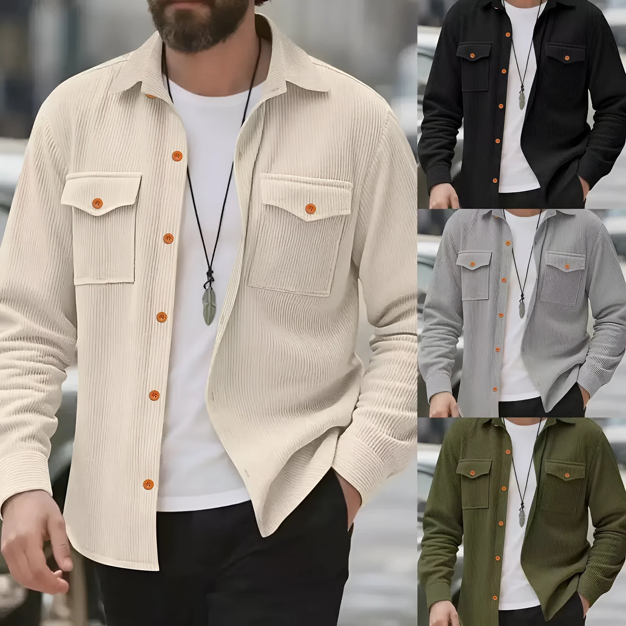 Men's corduroy solid colour jacket in army green, simple style, Asian sizing