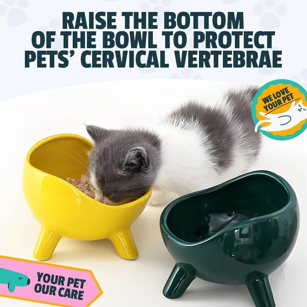 Green ceramic pet bowl with four legs and wide-mouth design for cats and small dogs
