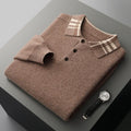 Men's cashmere loose fit pullover in coffee colour with jacquard knit and lapel collar