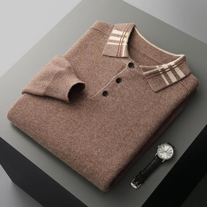 Men's cashmere loose fit pullover in coffee colour with jacquard knit and lapel collar
