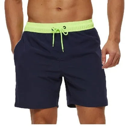 Men's blue running shorts with a stitching waistband, drawstring, and a side zippered pocket.