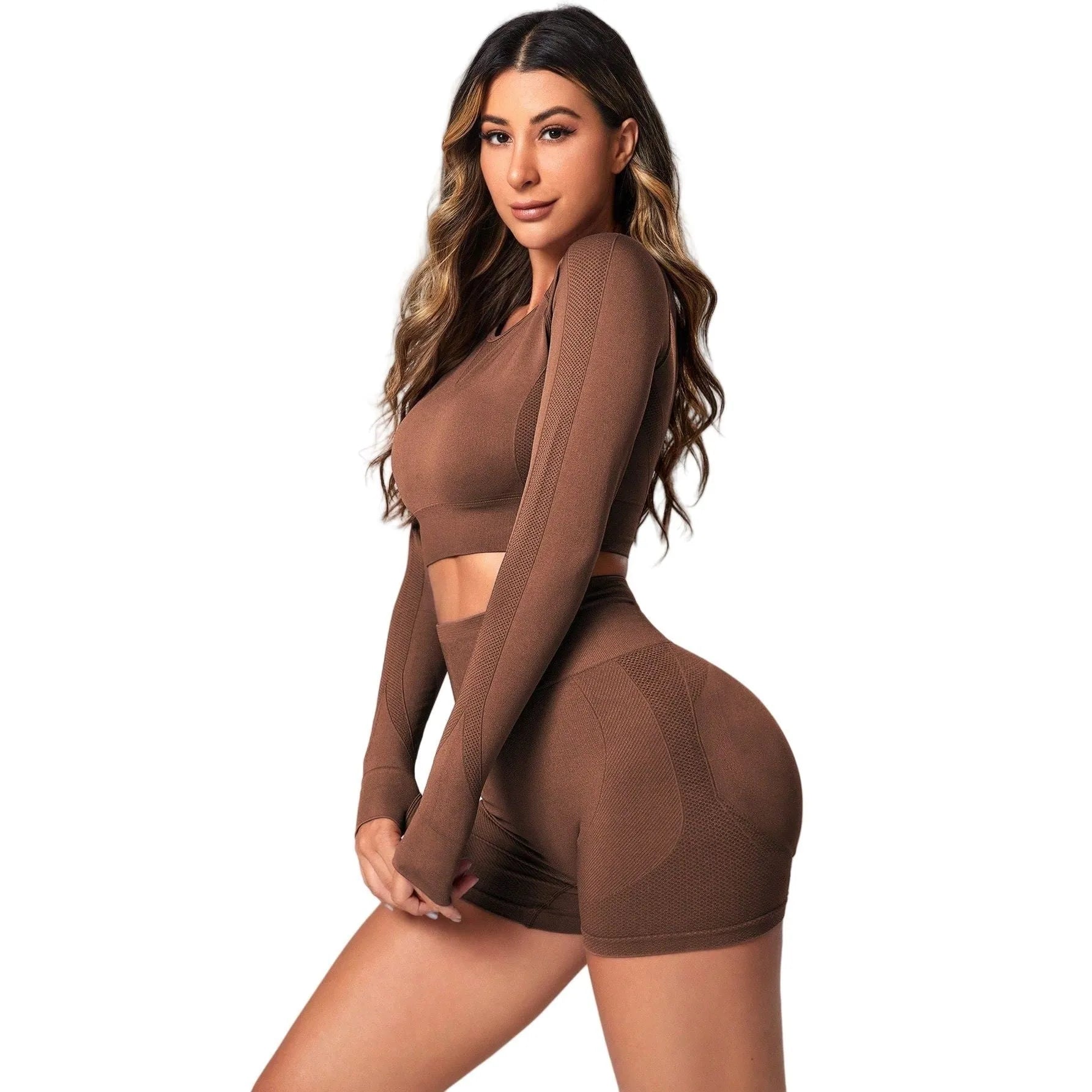 Women's black yoga clothes two-piece set showing long sleeve top and high-waist tight pants.