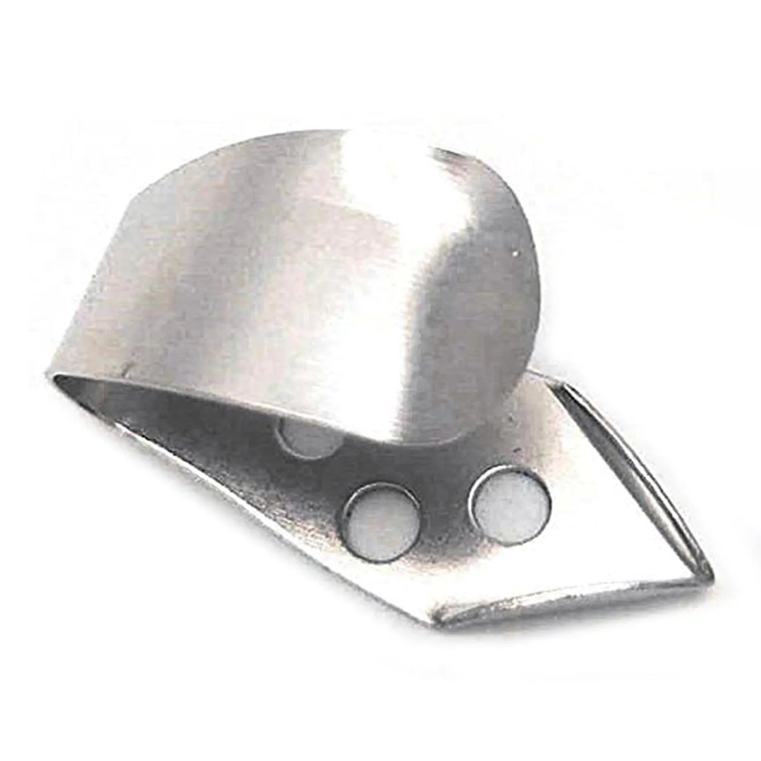 Set of 4 metal guitar finger picks arranged on a dark surface