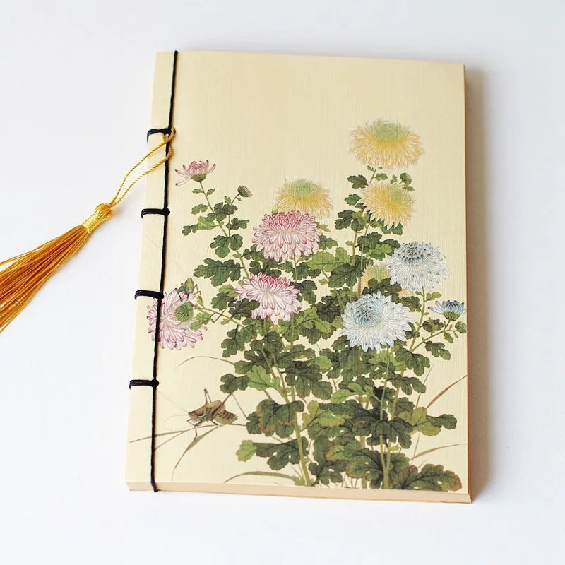 A5 antique wire-bound notebook with retro painting cover, wax rope binding, and tassels