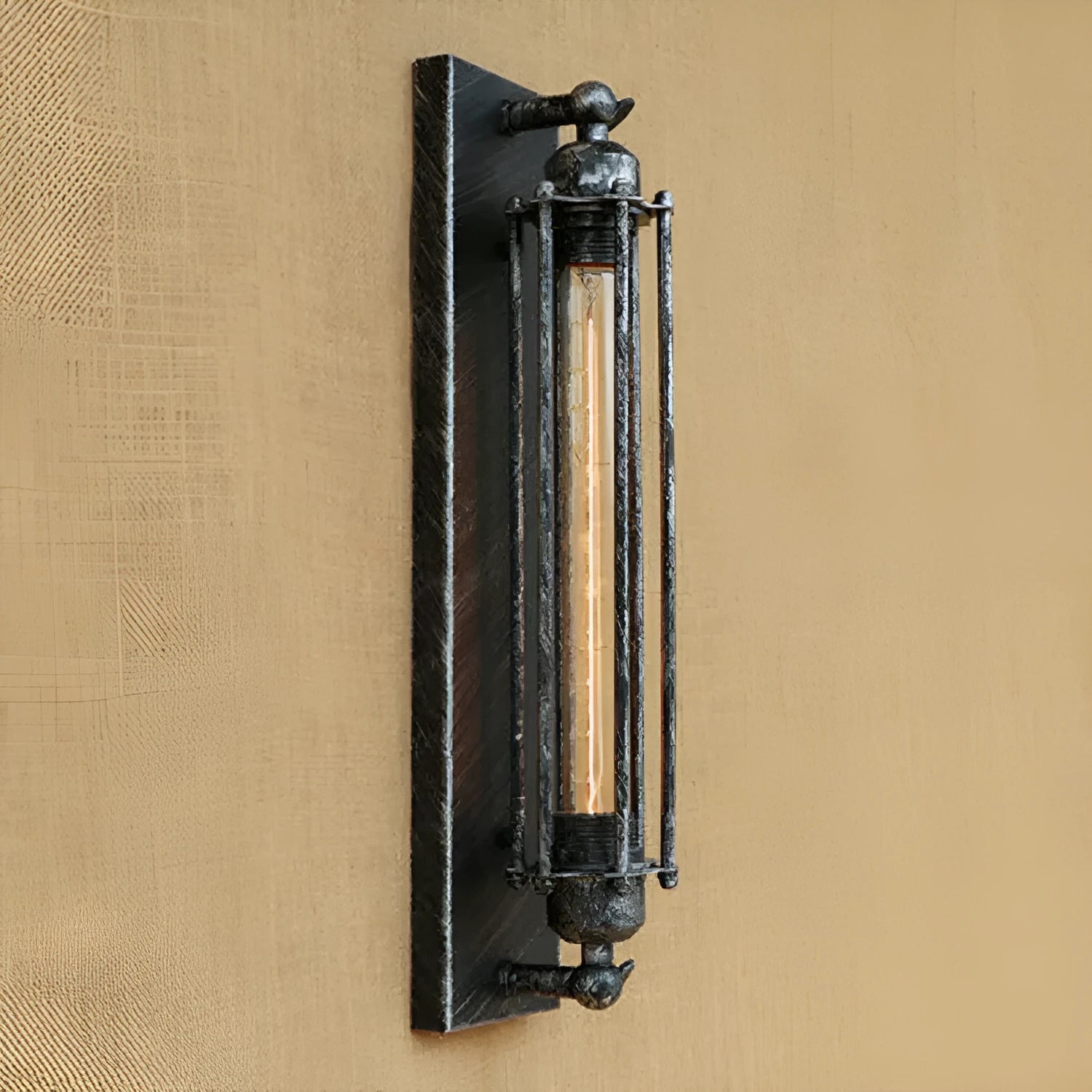 Industrial retro flute iron wall lamp in black finish showing compact 110mm × 470mm dimensions