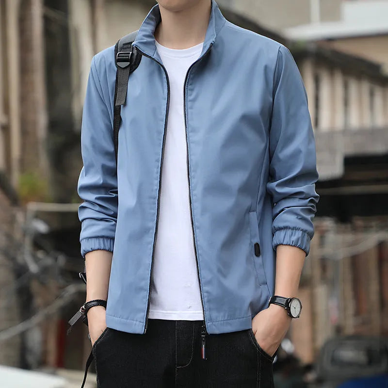 Korean style loose fit men's autumn jacket in black, shown with zip front and pockets