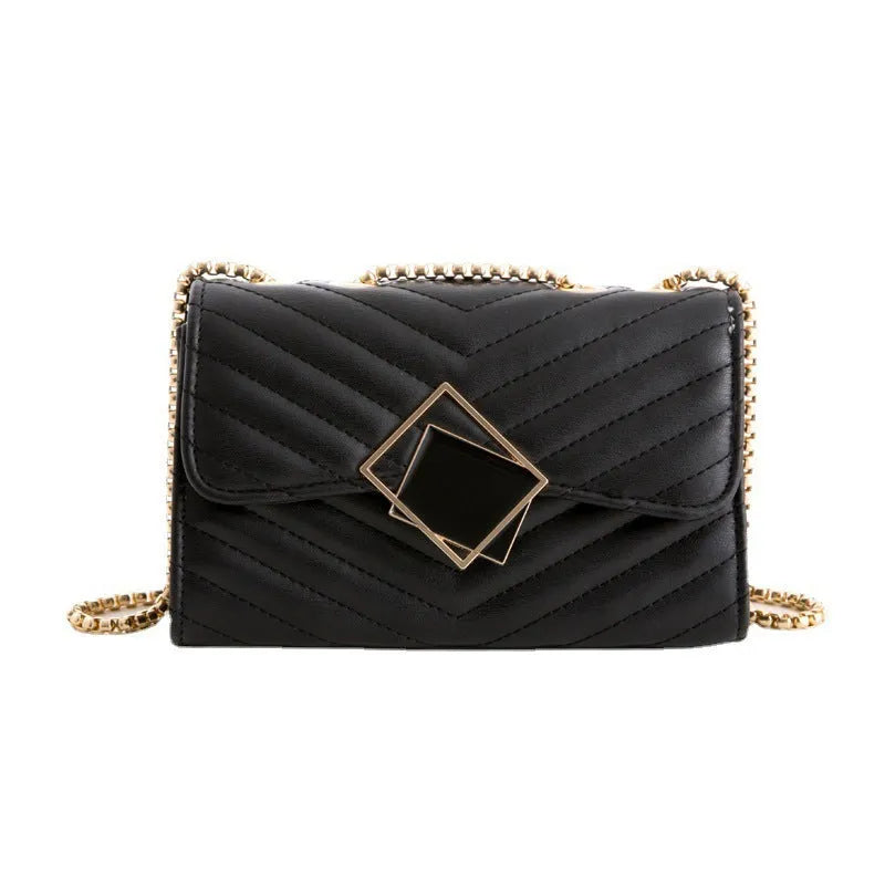 Small PU crossbody bag with chain, sequins and diamond plaid, black square buckle, front view