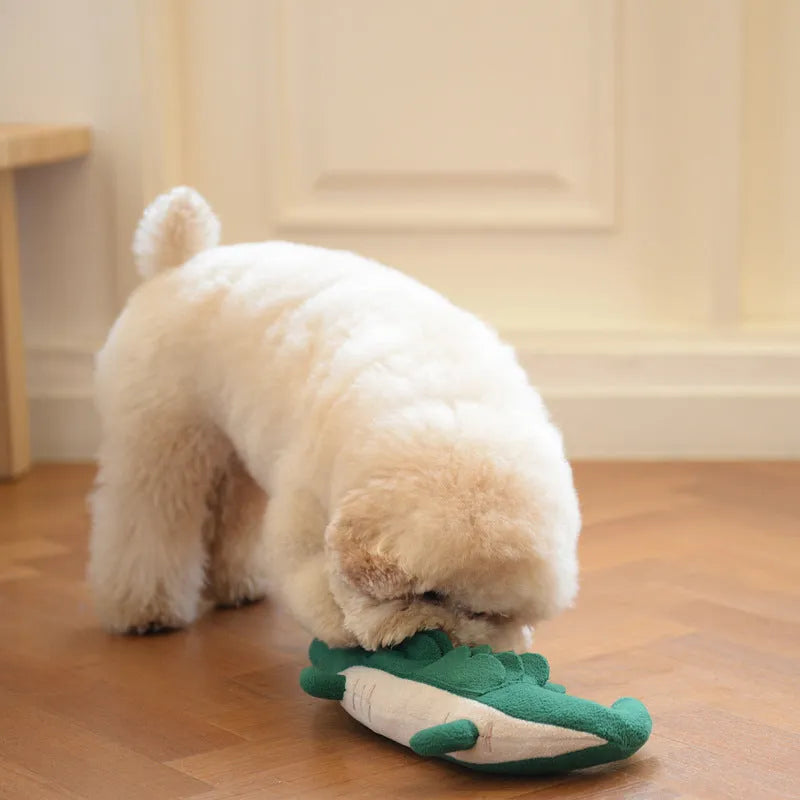 Green plush dog toy measuring 35cm long and 18cm wide for interactive pet play