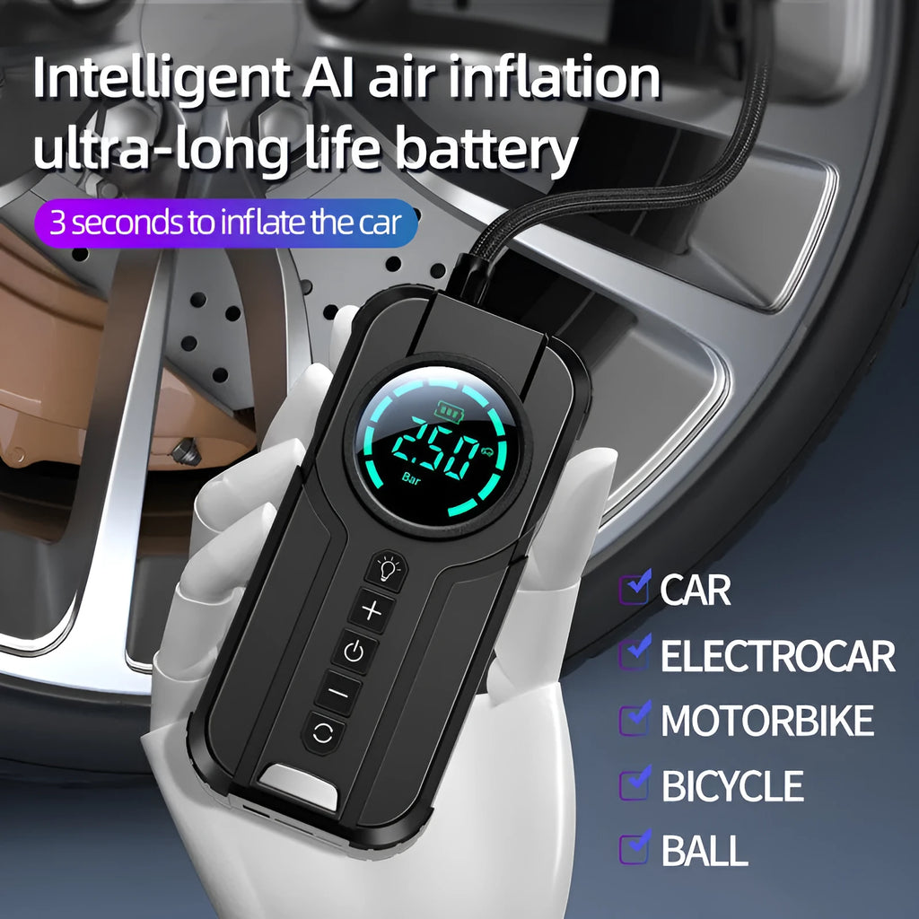Black wireless portable car air pump with LCD screen, 6000mAh battery, and multiple inflation nozzles on a grey background