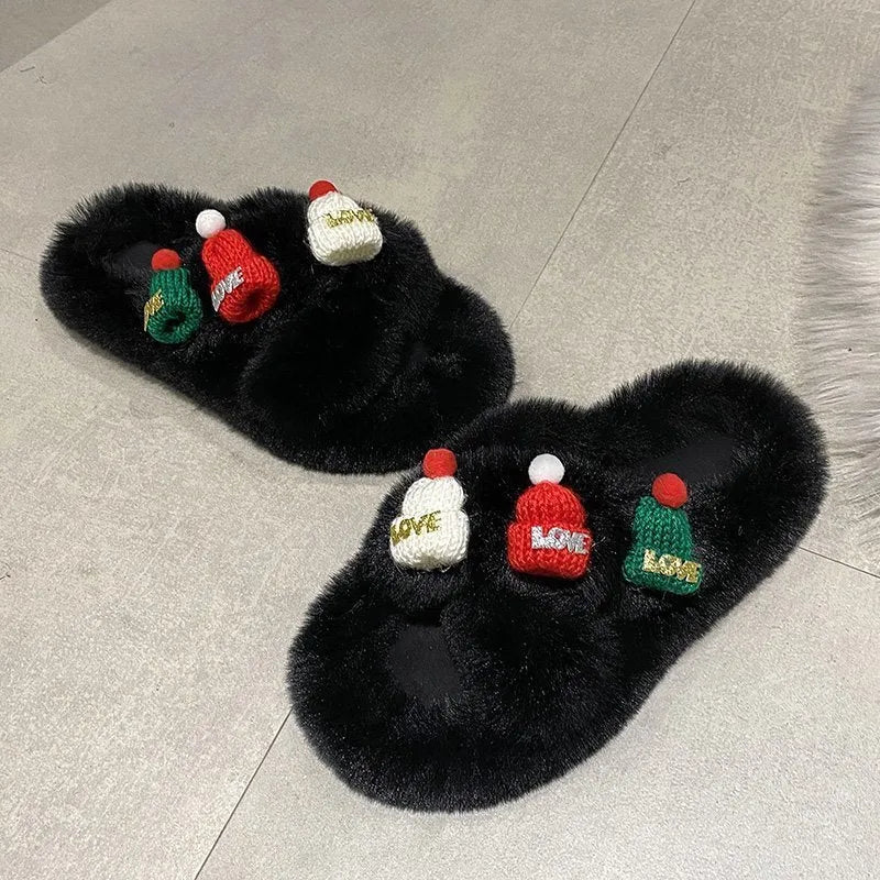 Women's Christmas hat decoration slippers in super hairy faux plush, shown in black, khaki, or white.