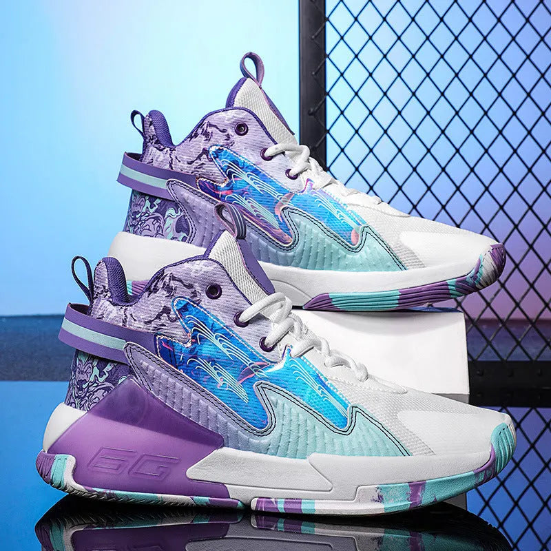 Luminous high-top basketball shoes with mesh upper and graffiti pattern for children in multiple colours