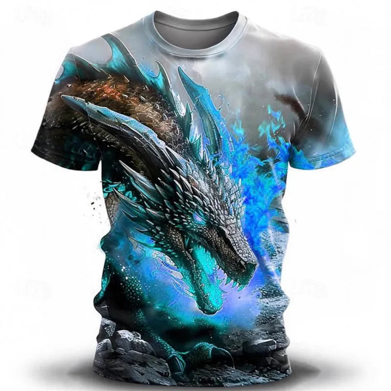 Men's grey T-shirt with a large 3D wind dragon graphic print on the front