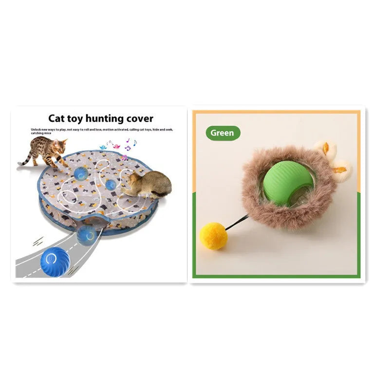 Silicone cat rolling ball toy in green, grey, red, and pink plush designs with optional rope attachment