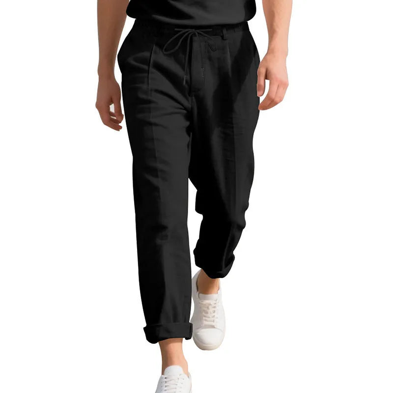 Men's linen straight leg trousers in army green with drawstring waist