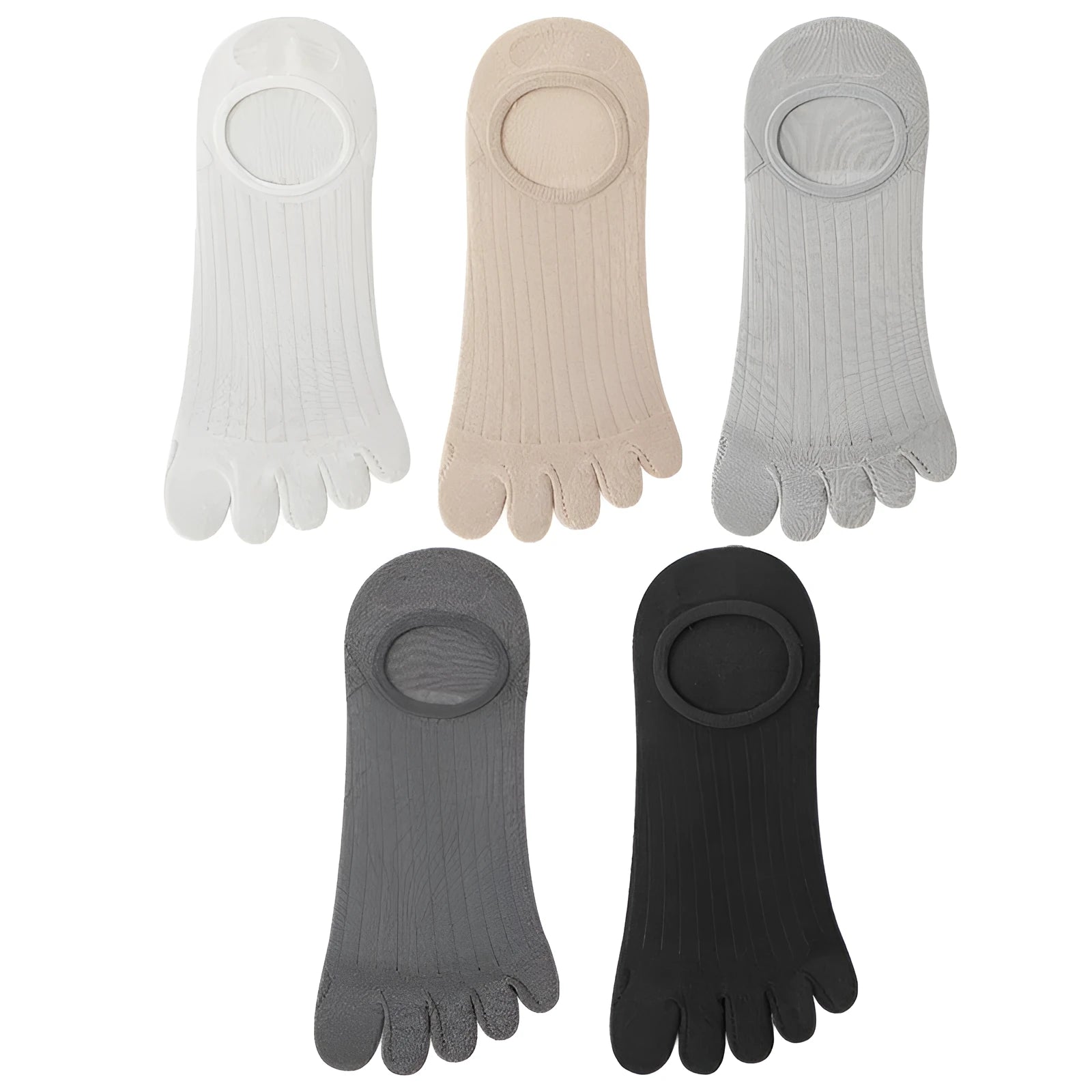 Men's modal cotton five-finger invisible socks in black, white, grey, and khaki colours.