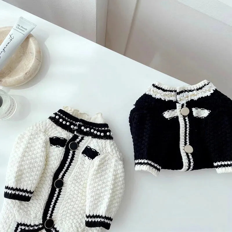Korean style pearl collar dog sweater in black and white colours showing Princess design for small dogs