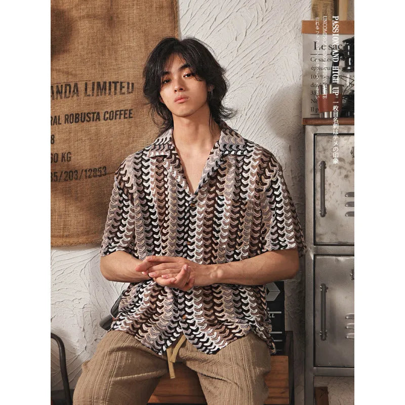 Grey Japanese style men's shirt with Cuban collar, jacquard texture, and short sleeves.