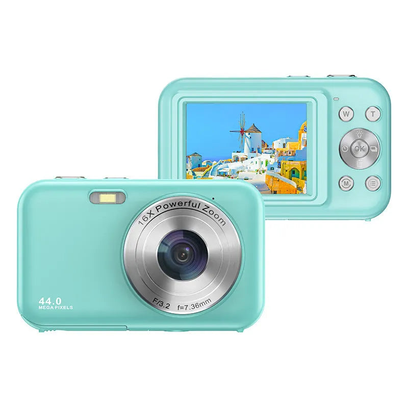 DC406L children's digital mini camera in pink showing 2.4-inch screen and lens.