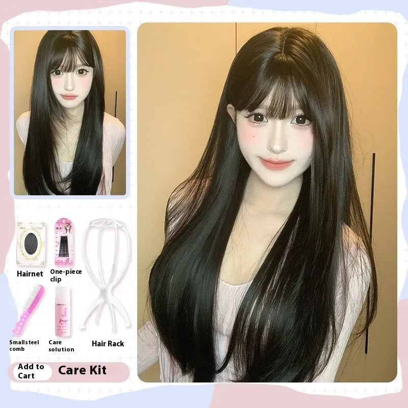 Dark brown long straight synthetic wig with bangs on wig head, showing full-head coverage