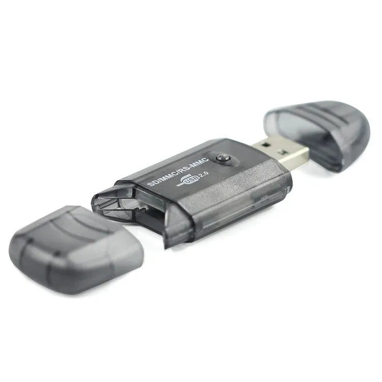 Transparent plastic USB card reader with integrated card holder compartment showing USB 2.0 connector
