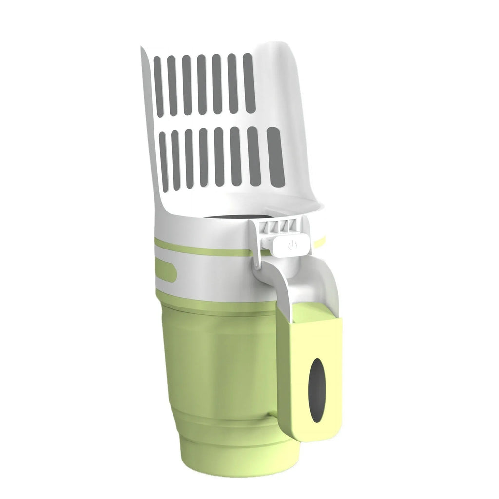 Grey foldable cat litter scoop with attached waste bin and lid