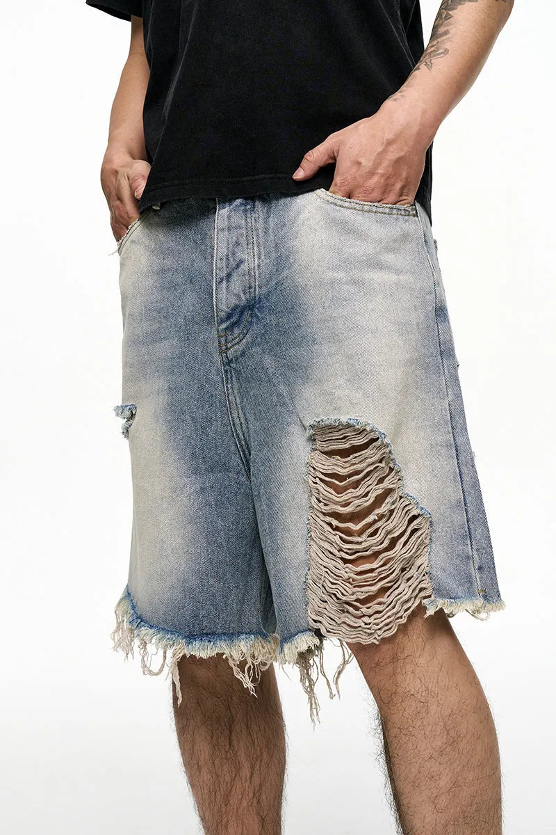 Men's light blue baggy denim shorts with wide leg and retro washed finish on a mid waist.