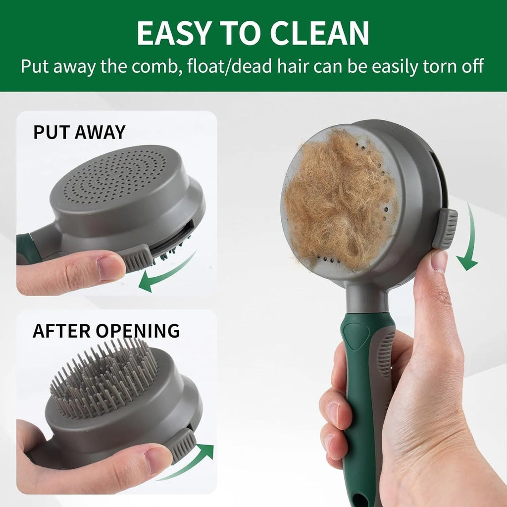 Green and pink 2-in-1 silicone pet grooming brush with retractable slicker and octopus-teethed massager