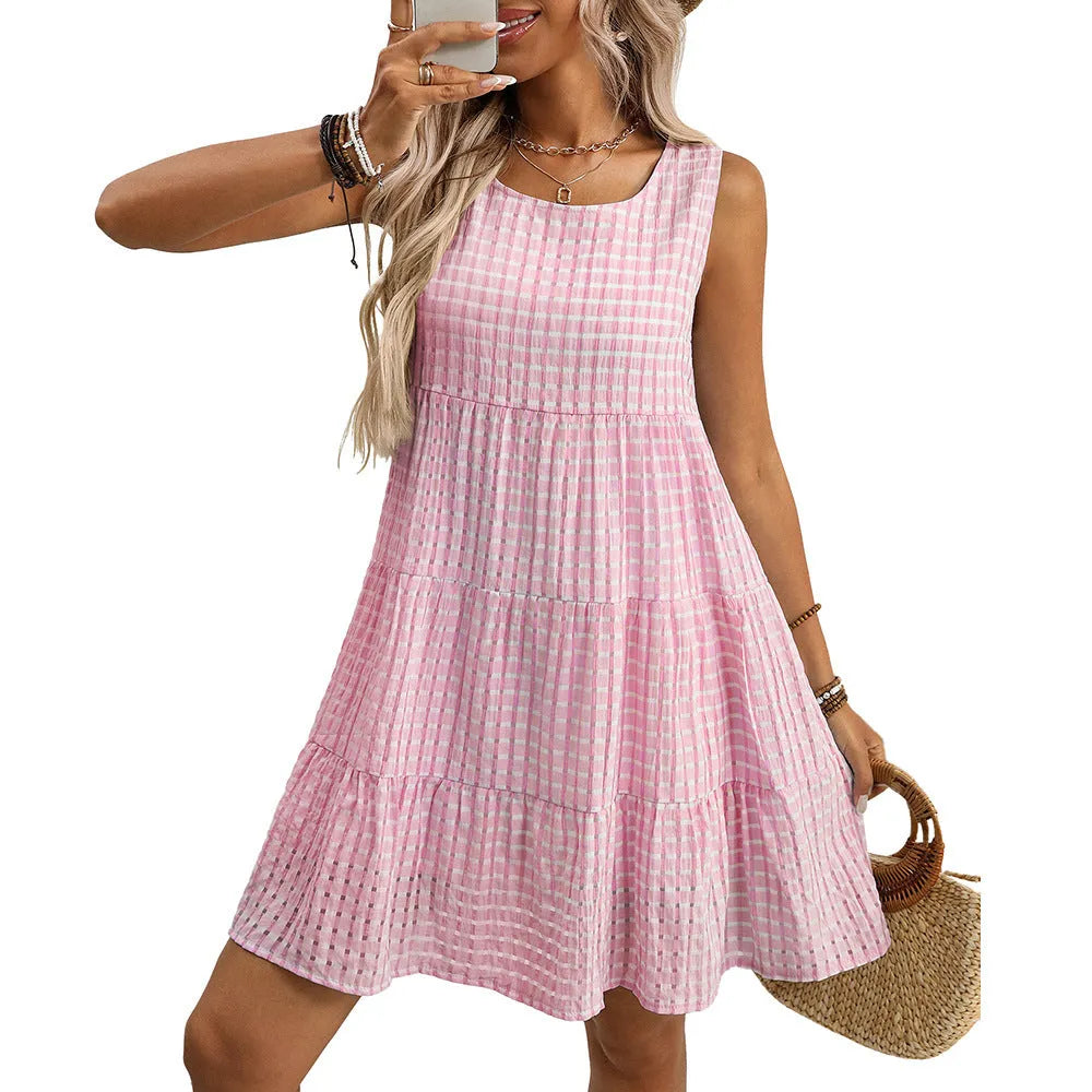 Women's light blue sleeveless plaid dress with oversized swing skirt on a hanger.