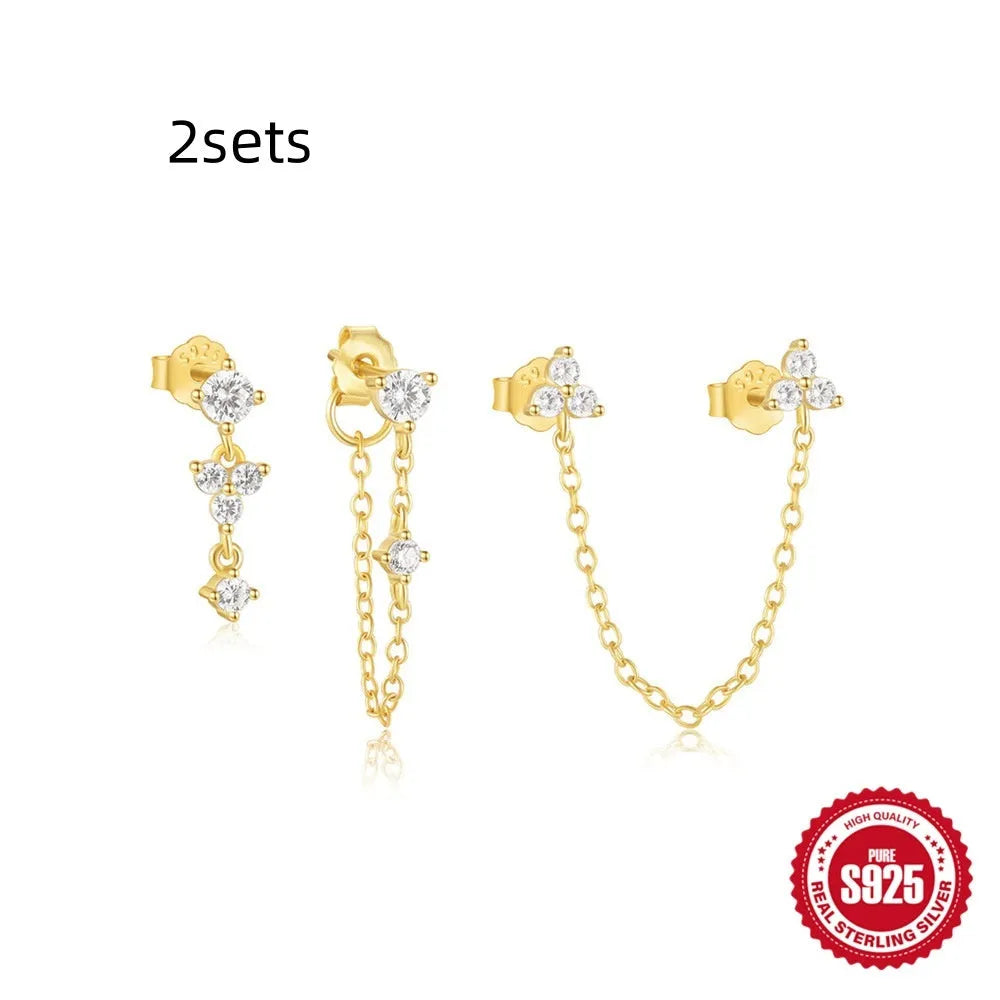 Set of three S925 sterling silver geometric tassel stud earrings in gold colour.