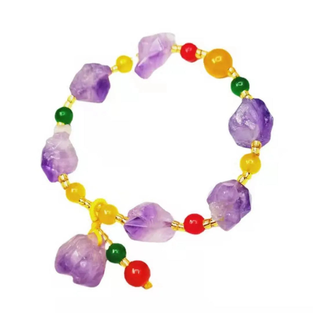 Natural shaped amethyst bead bracelet with fu character pendant for women's romantic styling