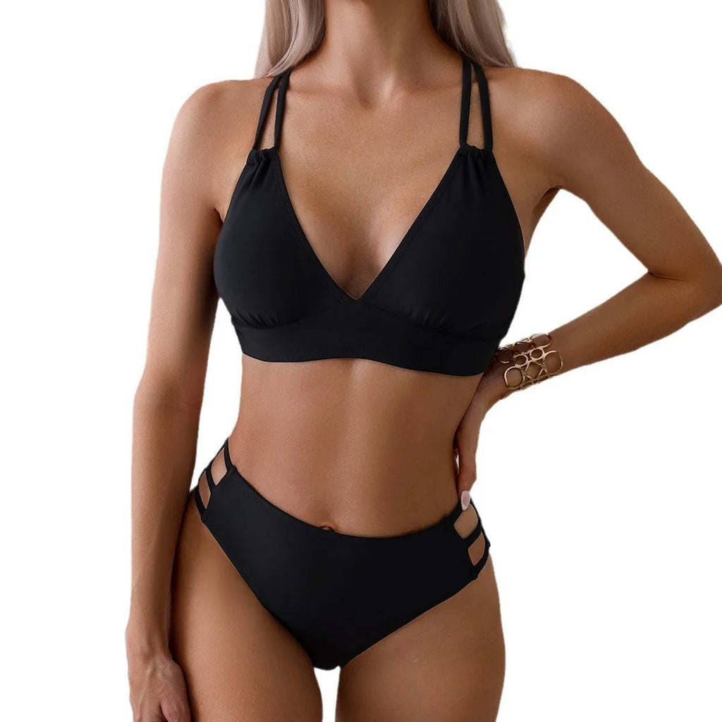 Women's black halter neck V-neck bikini swimsuit with split-style bottoms