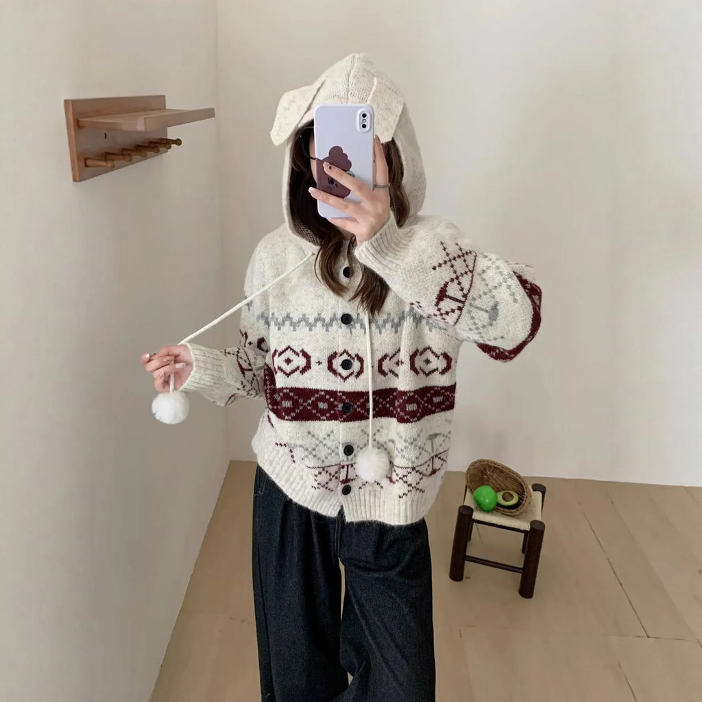Plus size women's brocade sweater coat with geometric pattern in beige colour