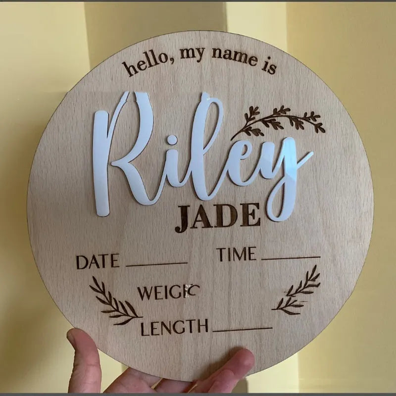 15cm square wooden baby name label with birth information display in rustic nursery style