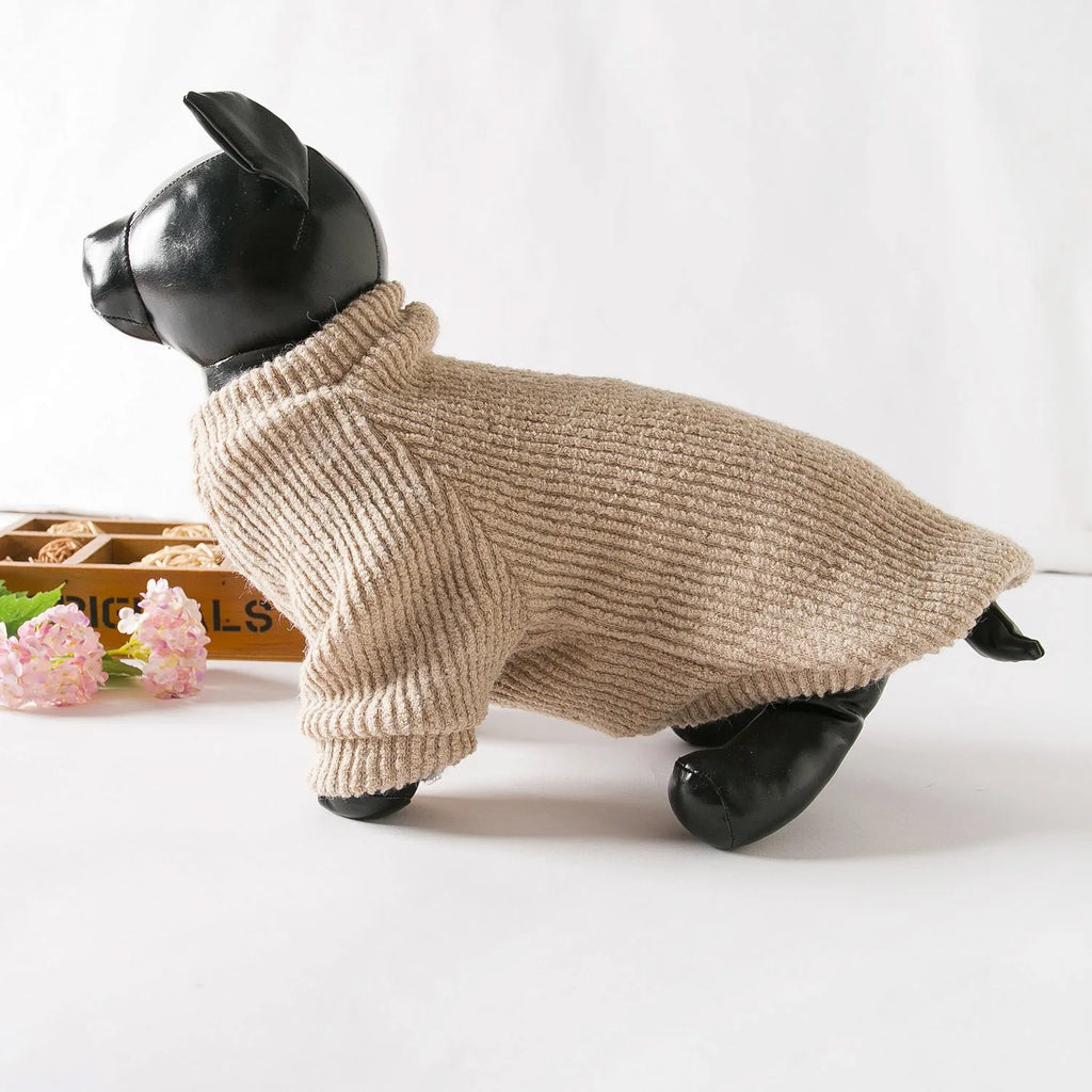 Brown cloth dog sweater pullover on a small dog, showing casual fit.