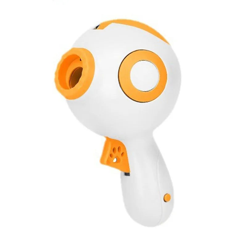Green, orange or pink dog treat launcher toy measuring 15.5 cm with treat dispensing mechanism