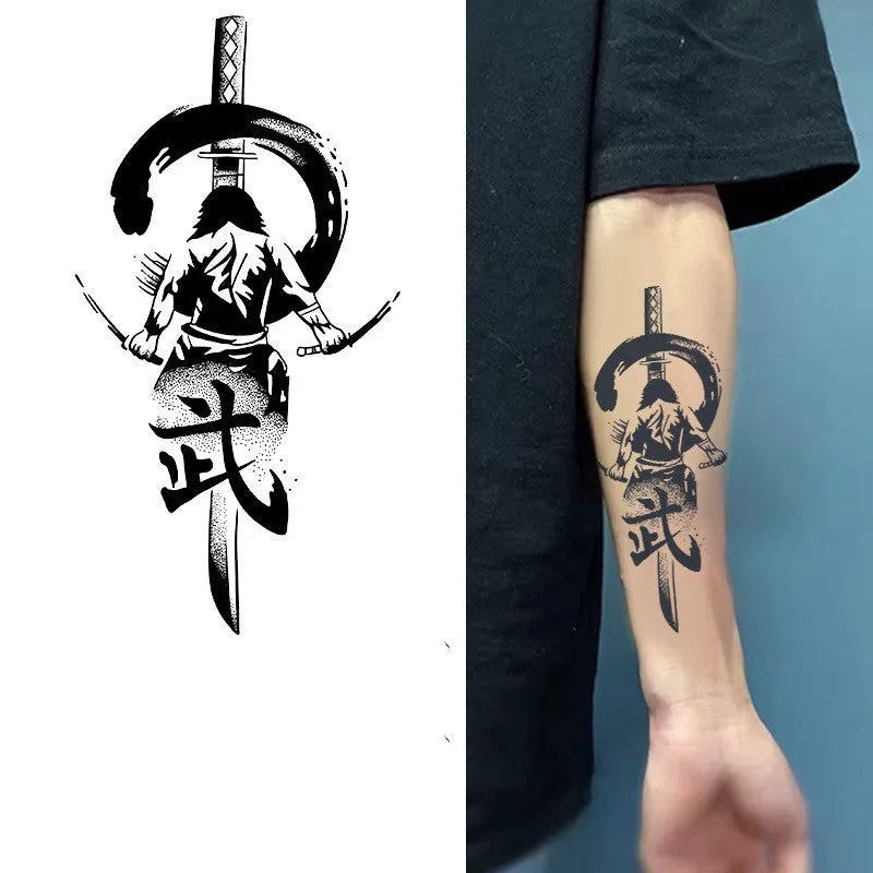 Waterproof warrior tattoo sticker with samurai geometry design, 11x18cm, transfer printing