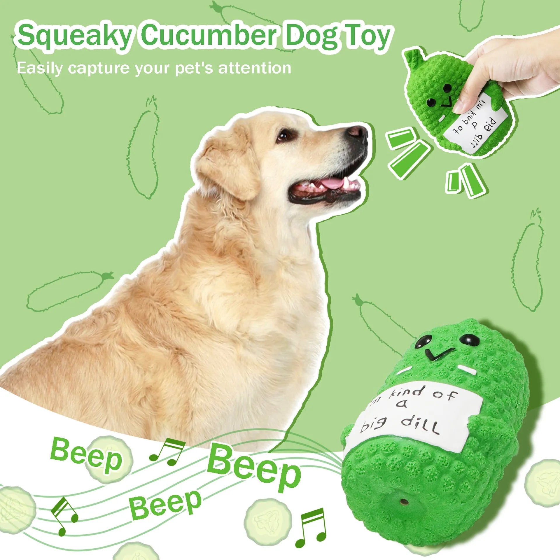 Green pickle-shaped squeaky dog chew toy with textured surface.