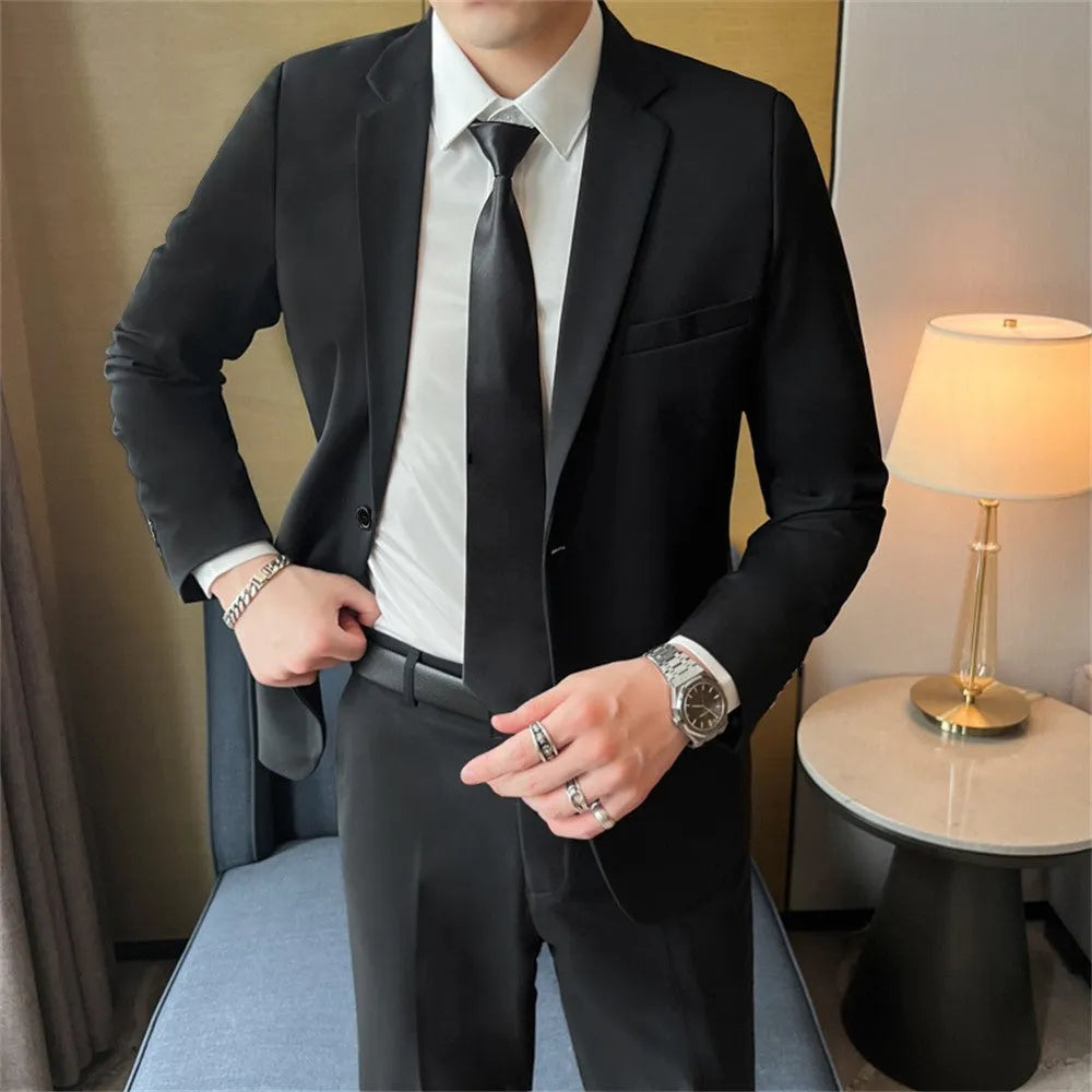 Men's slim fit corduroy suit set with shirt and tie in Korean style, spring collection