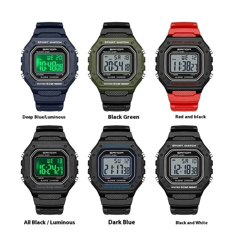 Swimming waterproof youth electronic watch with simple alarm clock in black colour option