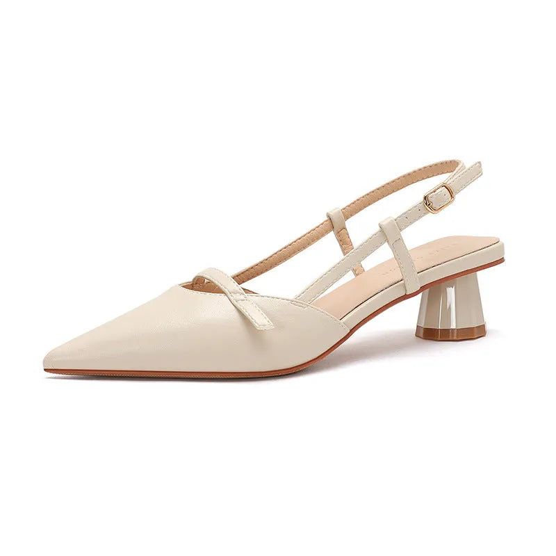 Women's chunky heel pointed sandals in beige with stitching detail and rubber sole