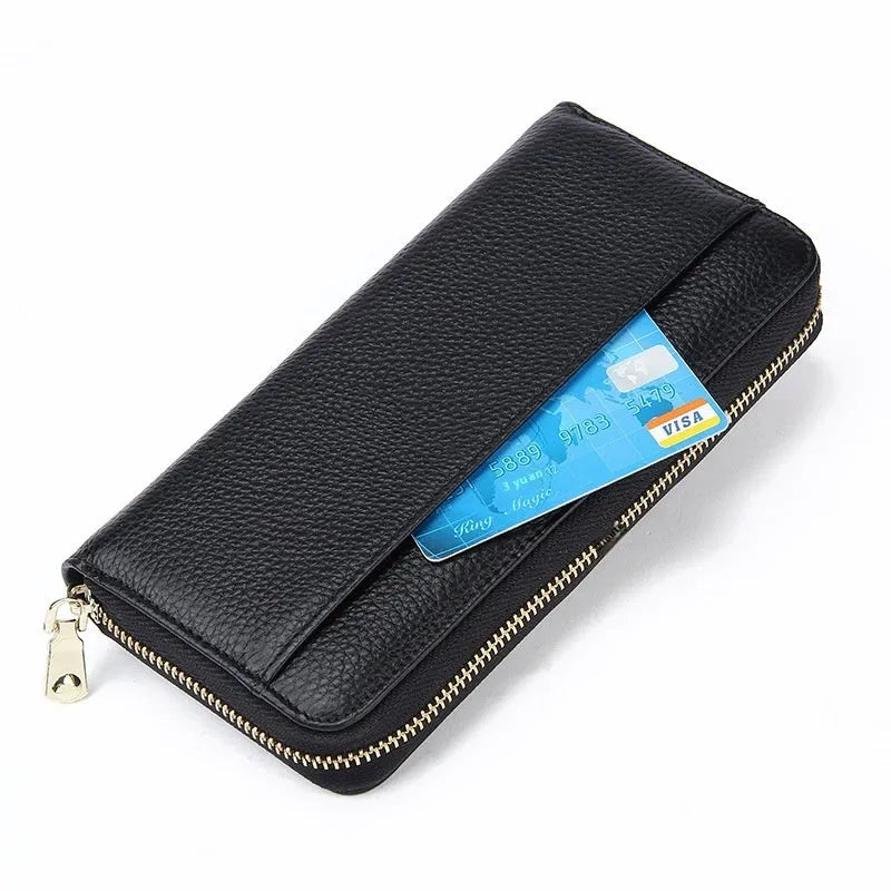 Genuine leather long wallet for women in multiple colours with large capacity and anti-theft card slots.