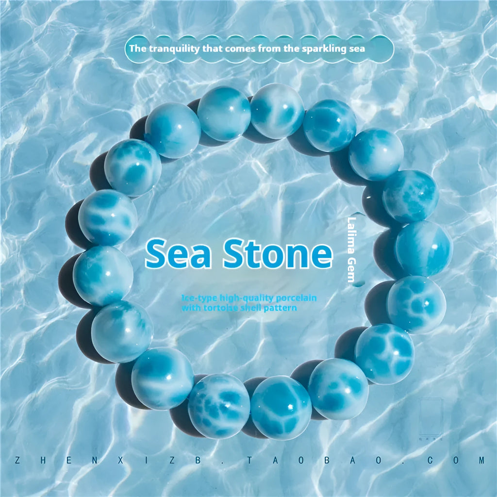 Blue bodhi bracelet with natural crystal sea-pattern stone and pearl accents in Maillard style arrangement