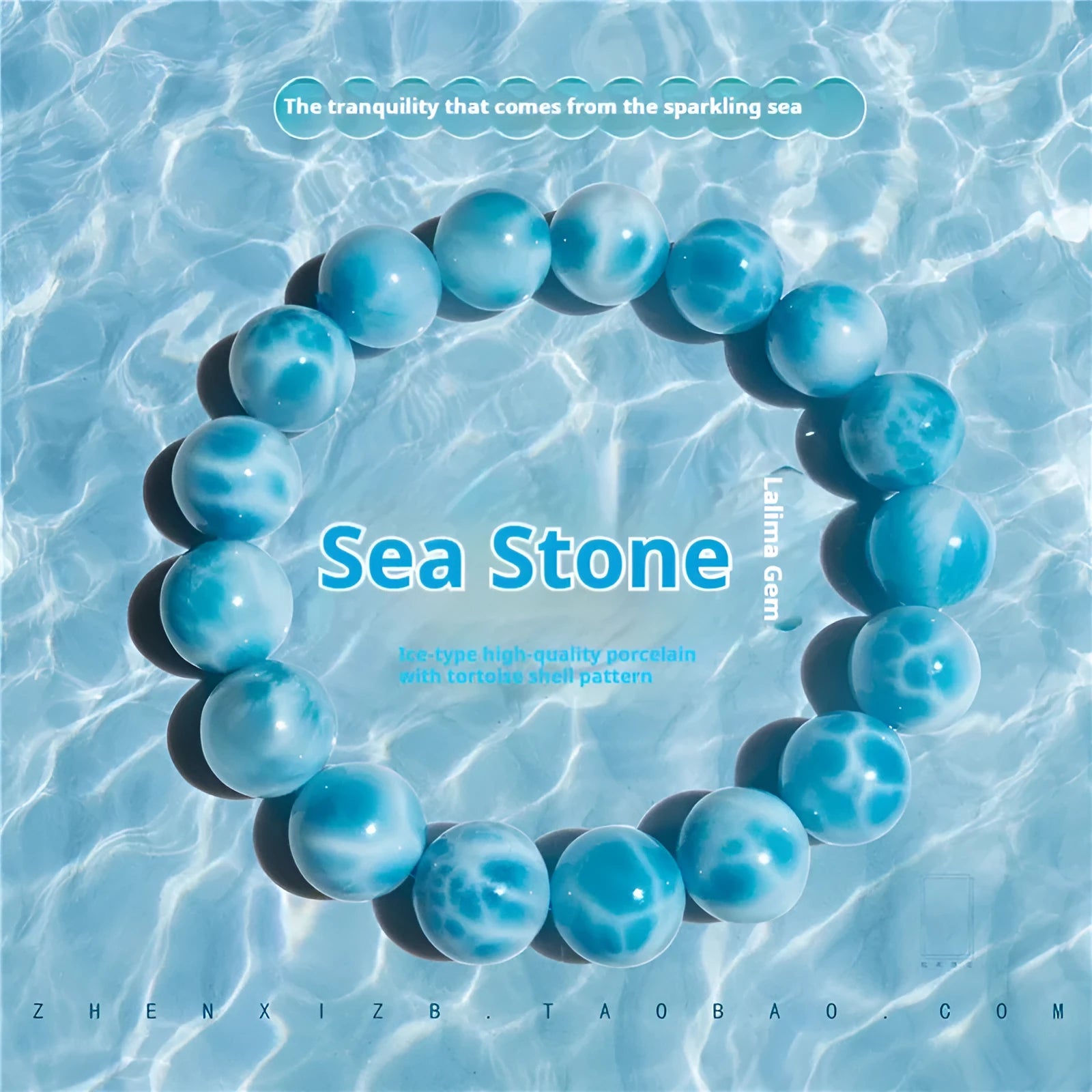 Blue bodhi bracelet with natural crystal sea-pattern stone and pearl accents in Maillard style arrangement