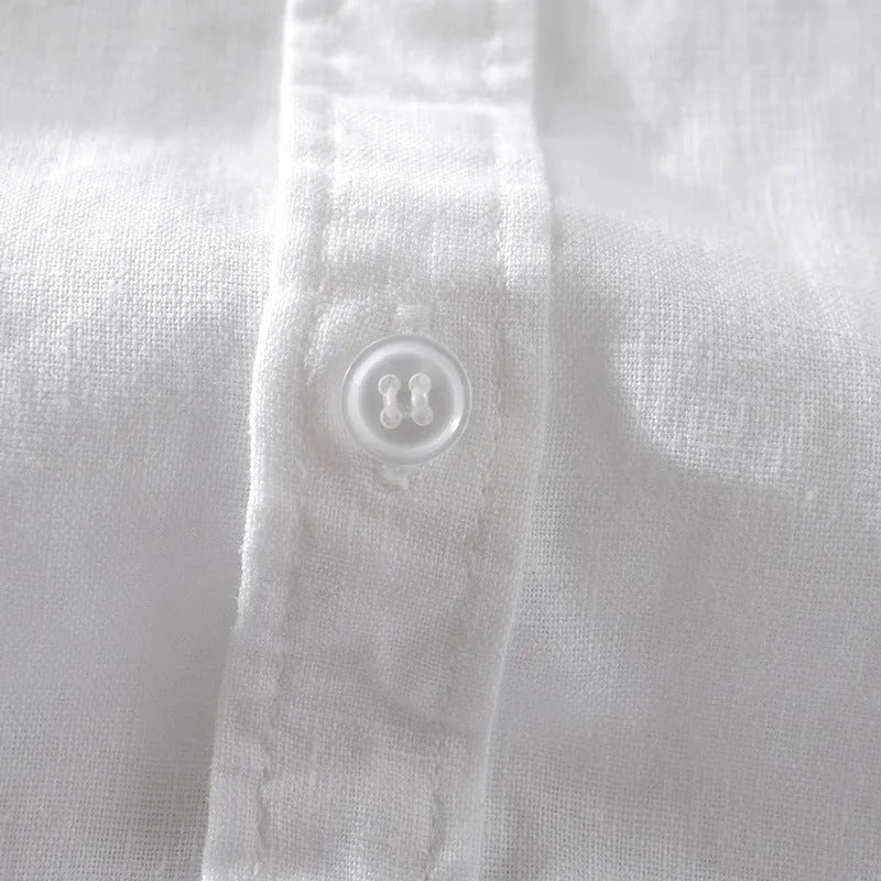 Men's loose fit short sleeve shirt in a cotton linen blend fabric, shown in a solid colour.