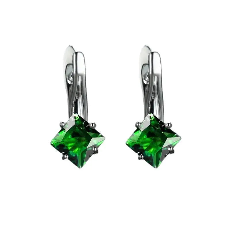 Women's copper earrings with diamond design and inlaid blue zircon stones
